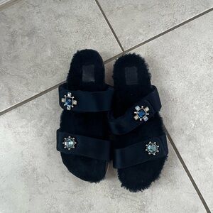 Tory Burch navy blue Fur-Lined Sandals with Jewel Accents